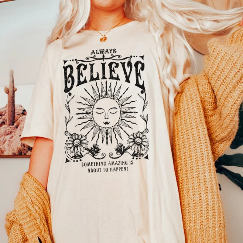 

hahayule Always Believe Women Inspirational T Shirt Retro Celestial Mystical T-Shirts Vintage Witch Tee Shirt Hippie Boho Tops