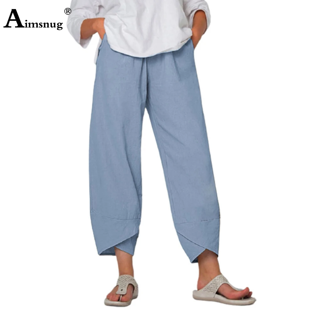 Women's Straight Leg Pants 2022 Summer Loose Cotton Linen Pant Casual Elastic Waist Pocket Trouser Female Ankle-Length Pantalon