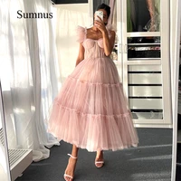 sumnus simple pink short prom dresses spaghetti straps tiered tulle tea length wedding party dress evening wear robe de soiree