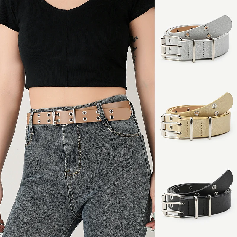 

Women Punk Fashion Belt Adjustable Double Row Hole Metal Eyelet Waistband Luxury Brand Designer Belt New PU Material