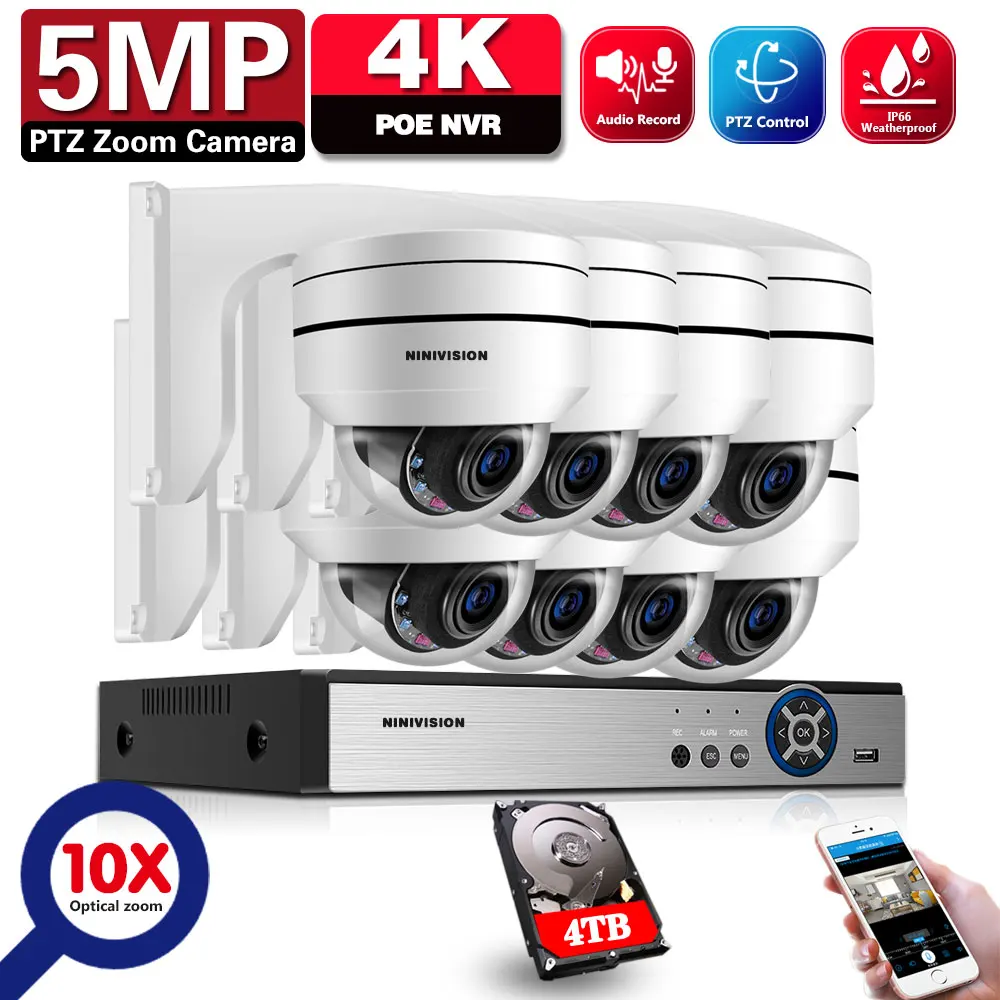 

5MP IP Camera PTZ Pan Tilt 10x Zoom Motorized Waterproof IR 100M Night Home Street Security 8CH 4K POE NVR Security CCTV System