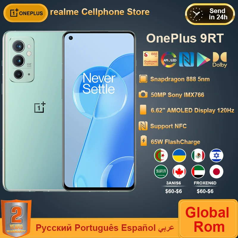 

Смартфон Global Rom OnePlus 9RT 5G, Snapdagon 888, 120 Гц, 6,62 дюйма, AMOLED, 65 Вт, Warp Charge, камера 50 МП, NFC