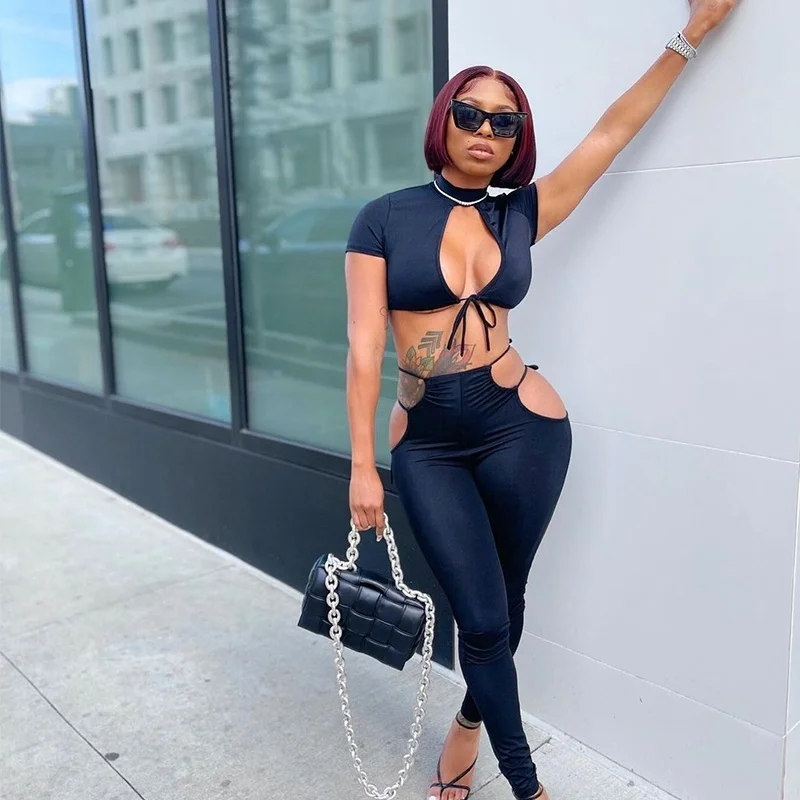 

Cutubly Sexy Pants Sets Black Crop Tops Hollow Out Street Club New Women Outfits 2 Piece Sets Party Club Leggings Suits Rave