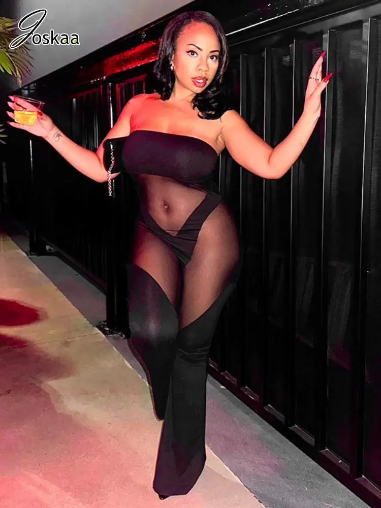 Joskaa сексуальные прозрачные черные комбинезоны без бретелек женские сетчатые