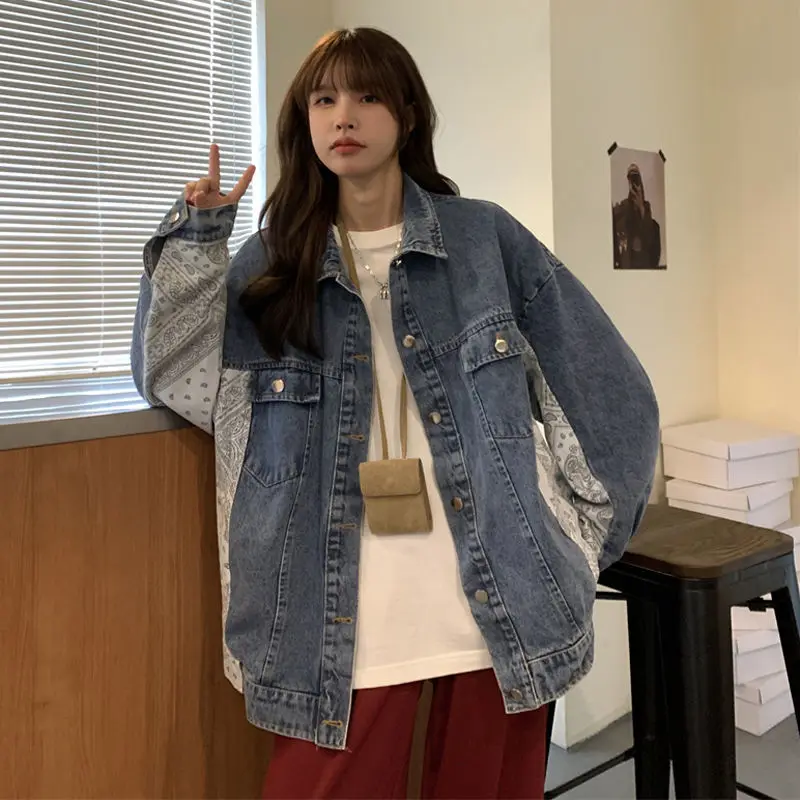 

Splicing Niche Design Casual All-match Top Men and Women with The Same Style 2022 Spring and Autumn Cashew Flower Denim Jacket