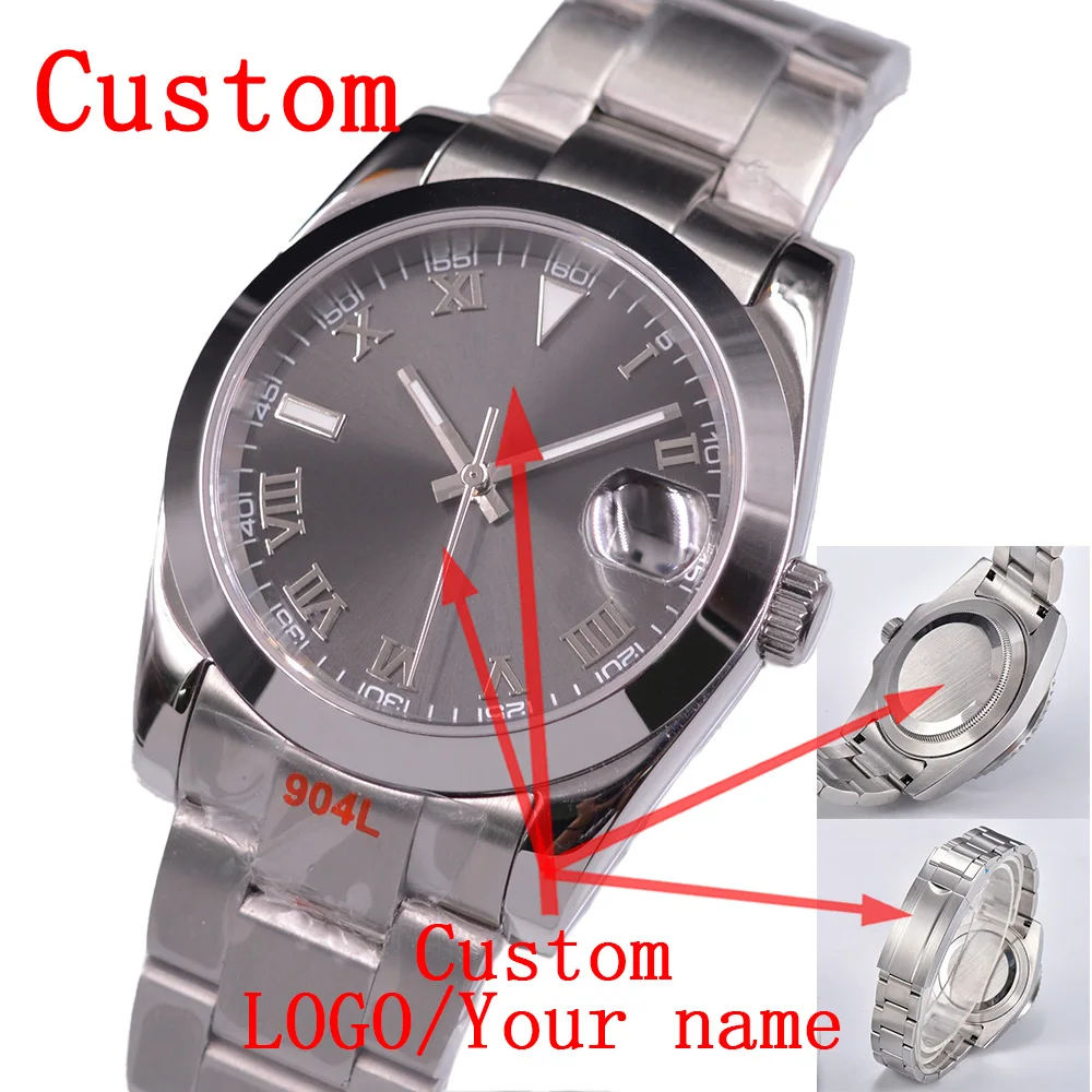 

BLIGER механические часы 36 мм/39 мм NH35 автоматические мужские часы с сапфировым стеклом серый циферблат римские цифры браслет с устрицей мужские часы