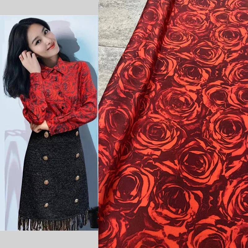 

D's Romantic Red Rose Stretch Crepe De Chine High-end Custom Shirt Dress Silk African Print Brocade Fabric Material for Clothes