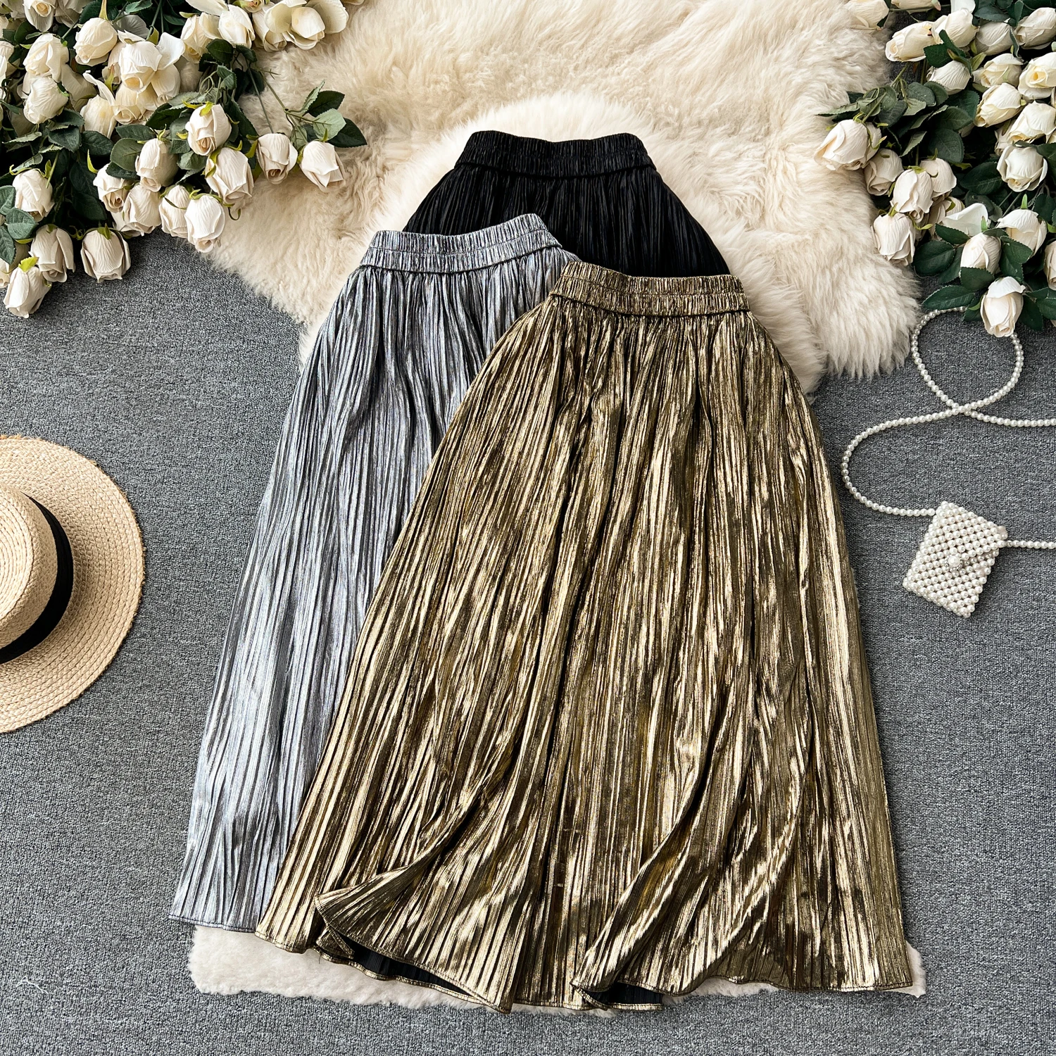 

Women Pleated High Waist Sexy Full Skirt Party Fashion Vintage A-line Chiffon Skirt Autumn Winter Clothing