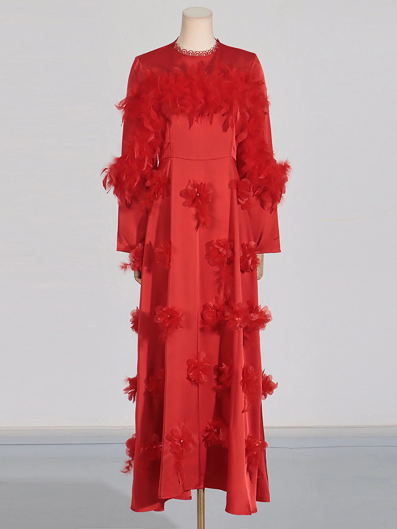 Женское платье-макси с круглым вырезом длинным рукавом и цветочным 3D принтом