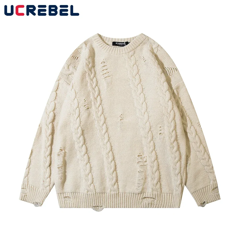 

Осенний свободный однотонный вязаный свитер, Мужская Уличная одежда, рваный Повседневный пуловер с круглым вырезом и длинным рукавом для мужчин