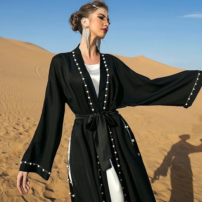 Black Vintage Beaded Long Ladies Abaya Dress Open Kaftan Fashion Muslim Dubai Turkey Kimono Cardigan Robe Oversize With Belt