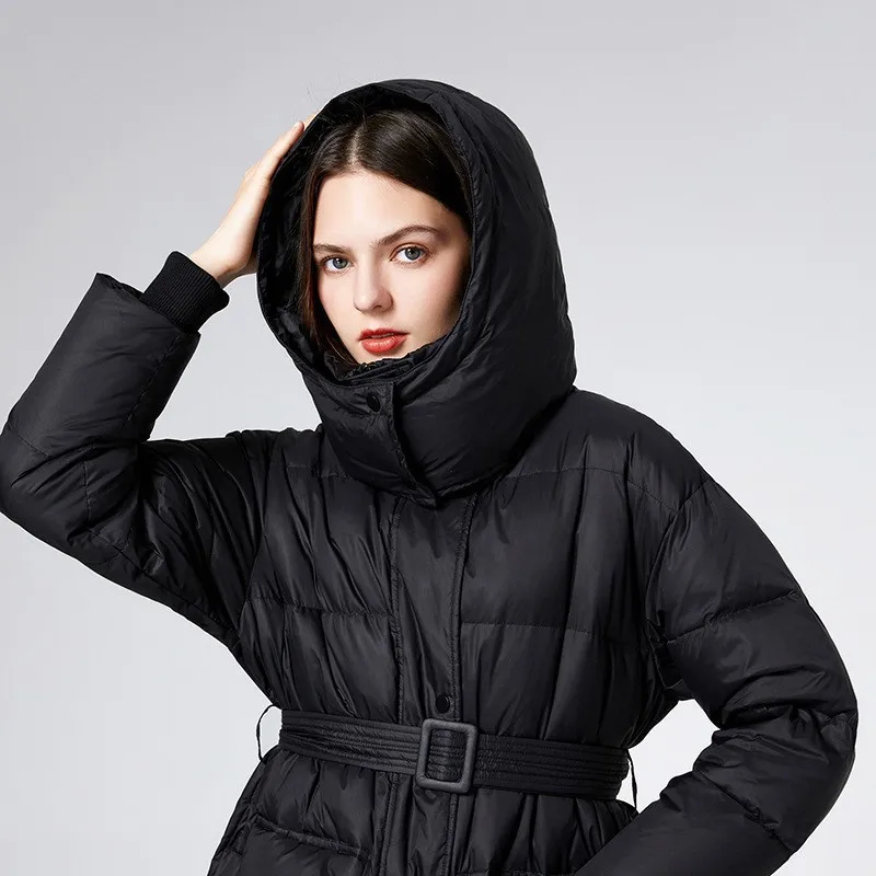 European 2022 Winter Hooded Long Black Lace Up Thicked 90 White Duck Down Coats Women Padded Loose Warmer Cloth Bread Jackets
