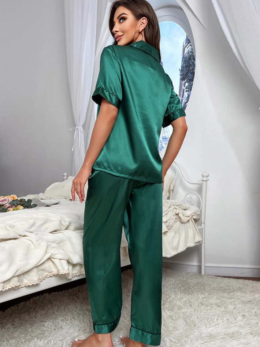 Marthaqiqi Satin Women'S Pajamas Sets Short Sleeve Nightwear Sexy Turn-Down Collar Sleepwear Wide Leg Pants Femme Pyjamas Suits