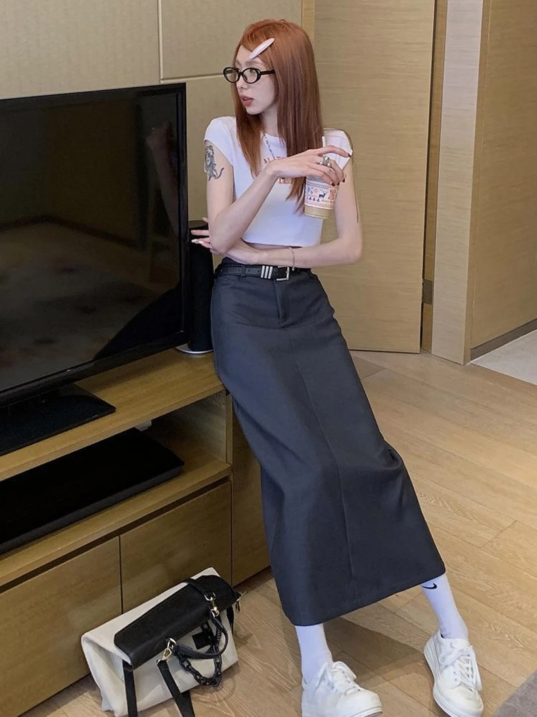 Костюм большого размера юбка черная с высокой талией летняя облегающая