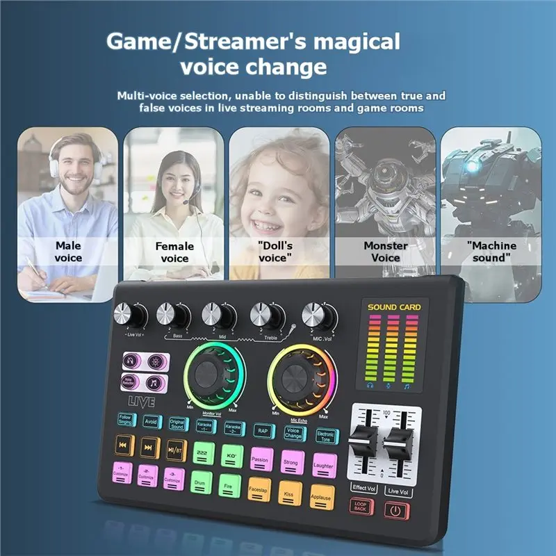 Звуковая карта ABJF, микрофон, аудиомикшер OTG, RGB, Bluetooth, профессиональный универсальный аудиомикшер для мобильных телефонов, компьютеров, прямых трансляций, караоке (art.: 3920dbbd53fac) - 3920dbbd53fac