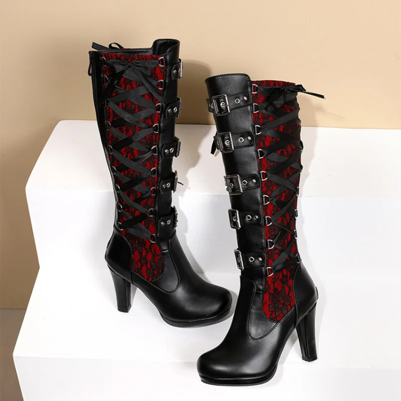 

Platform Boots for Women Lace Up Chunky High Heel Med Calf Boots Narrow Band Bow Knot Goth Gothic Shoes Winter 2023 Botas Mujer