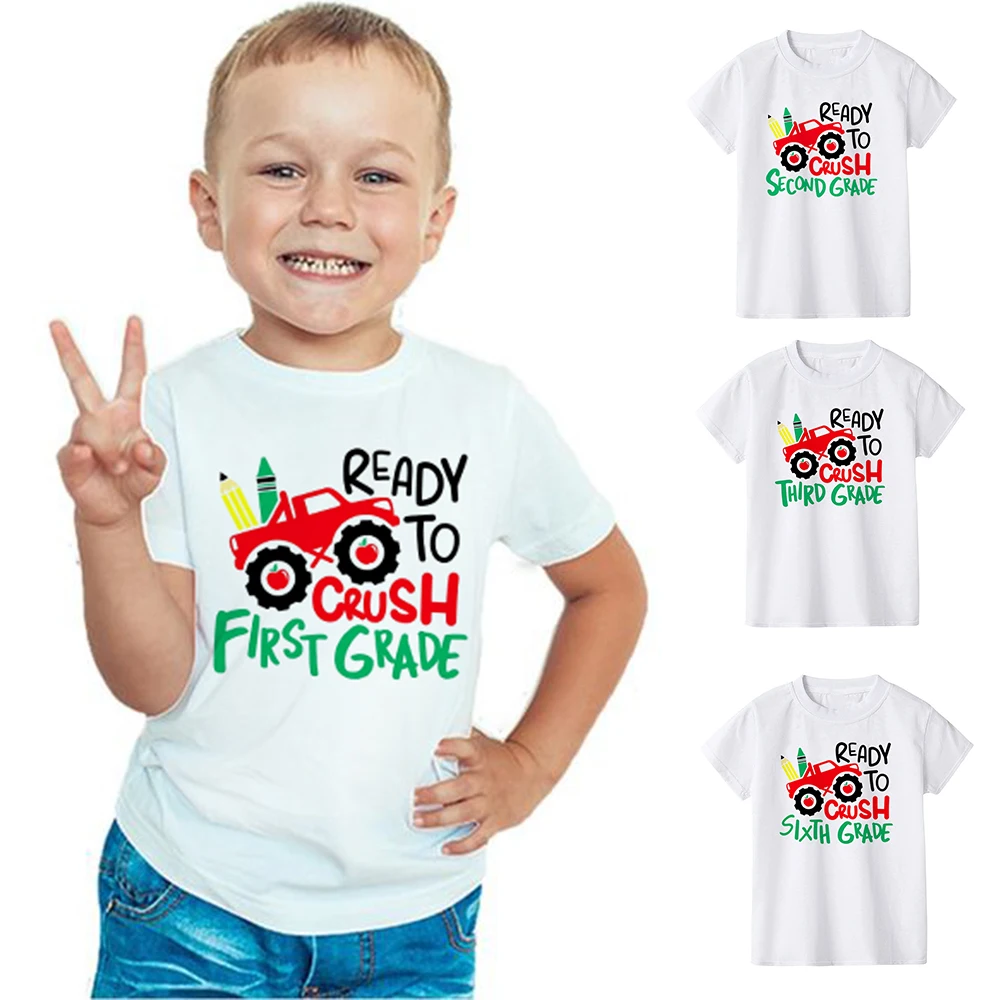 

Ready To Crush First Grade Kids Short Sleeve Tshirt Elementary School Student Tshirt Funny Truckprinted Back To School T-Shirt