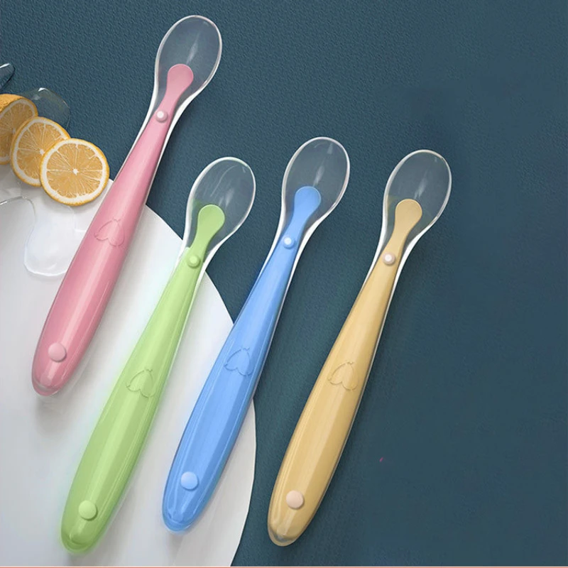 

Baby Soft Silicone Spoon with Storage Box Candy Color Temperature Sensing Spoon Children Food Feeding Dishes Feeder Appliance