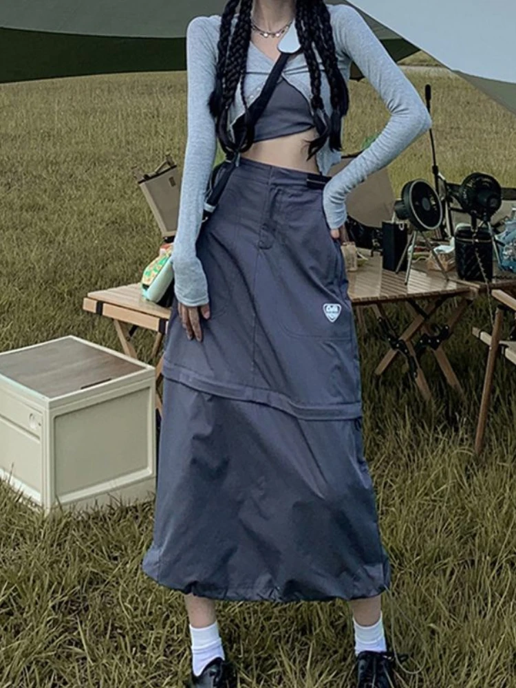 

HOUZHOU Vintage 90s Cargo Skirt Long Women Autumn Casual High Waist Detachable Patchwork A-line Midi Dress Korean Streetwear