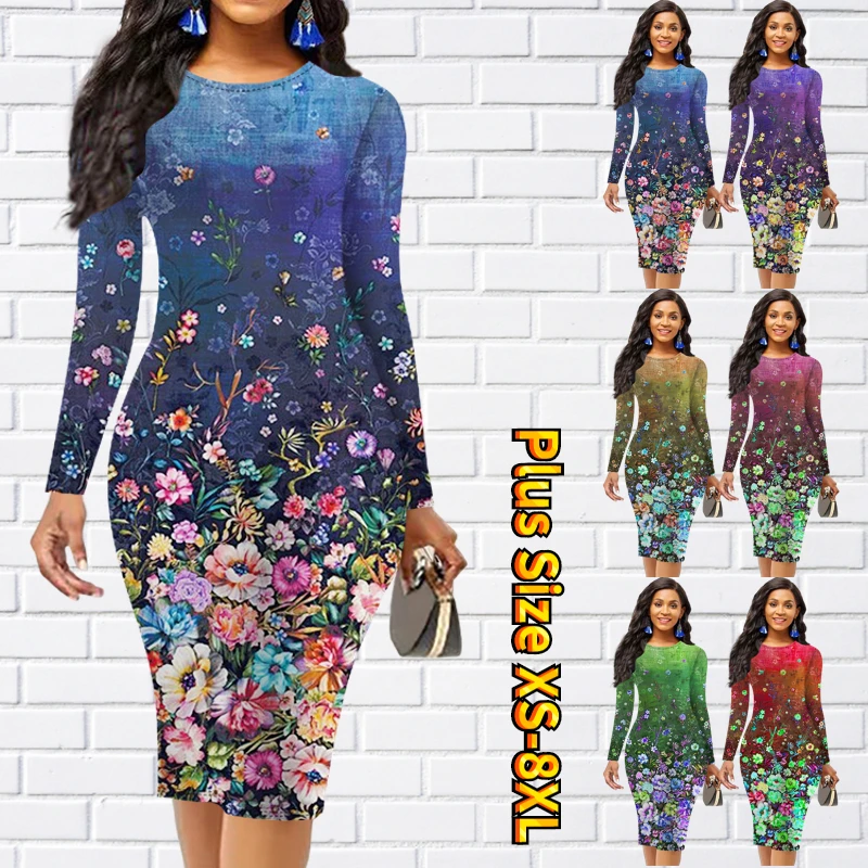 

2022 Winter Floral Print Knee-length Skirt Vintage Round Neck Tight Skirt Sexy Slim Skirt Skirt Autumn Women Long Sleeve Skirt