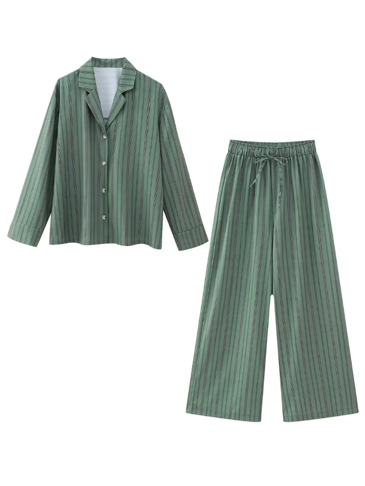 

TRAF 2023 Women Solid Blouse Pants Sets Summer Fashion Female Casual Single Breasted Long Sleeve Tops+Drawstring Wide Leg Pants