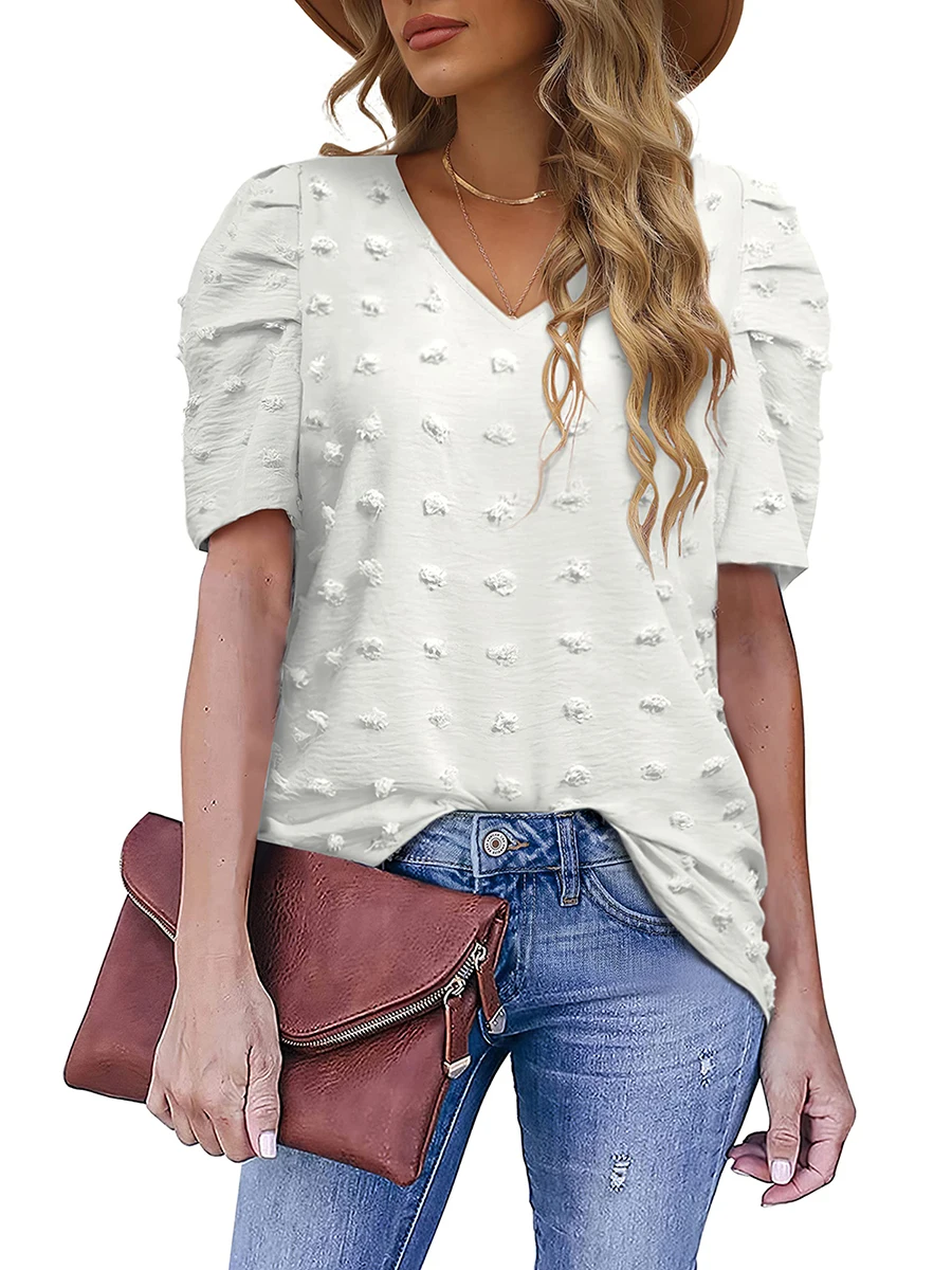 

Women Short Puff Sleeve Tops with Jacquard Pattern, Solid Color V Neck Casual Style Summer Clothing