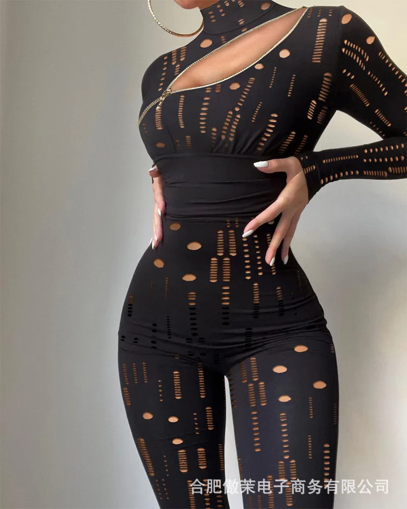 

Spring and Autumn Women's Wear Ripped Hollow Zipper Decorative Jumpsuit Sexy Tight Rompers Female 2022 Fashion New