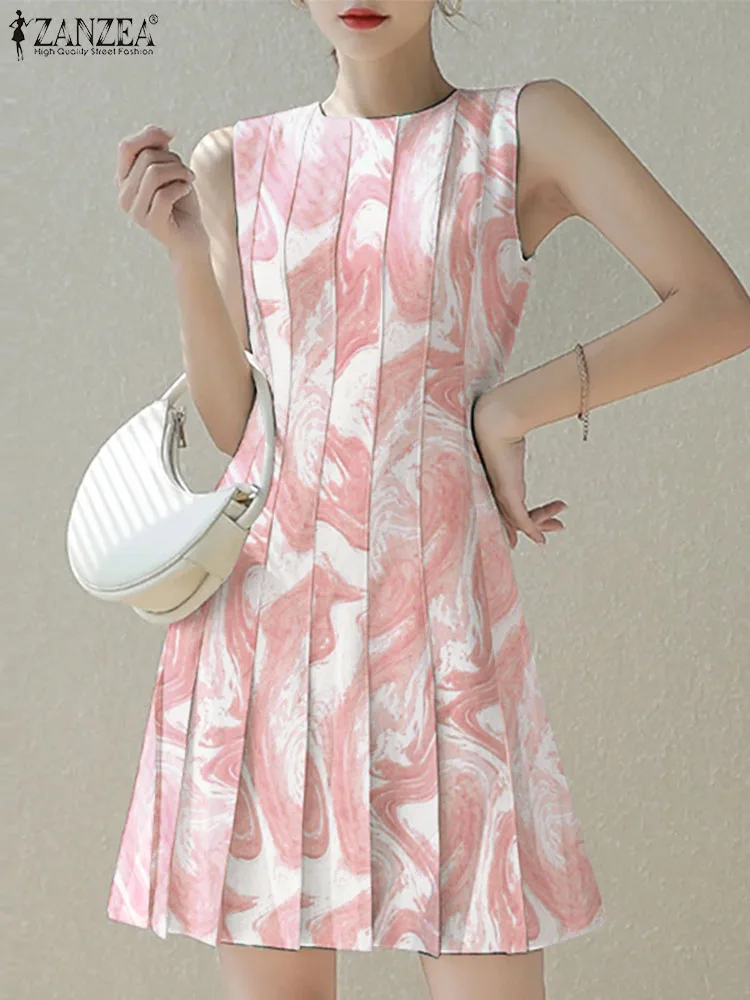 

ZANZEA Korean Fashion Printed Dresses Women 2022 Summer Sleeveless O Neck Pleated Mini Dress Elegant Waisted Slim Tank Dress