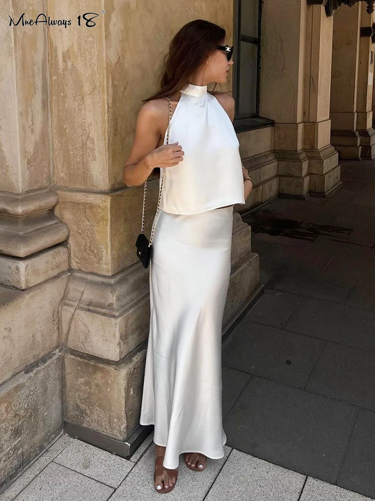 

Mnealways18 White Satin Vacation Skirts Outfits Halter Backless Tops And Mermaid Skirts Female Two Pieces Skirts Casual Set 2023