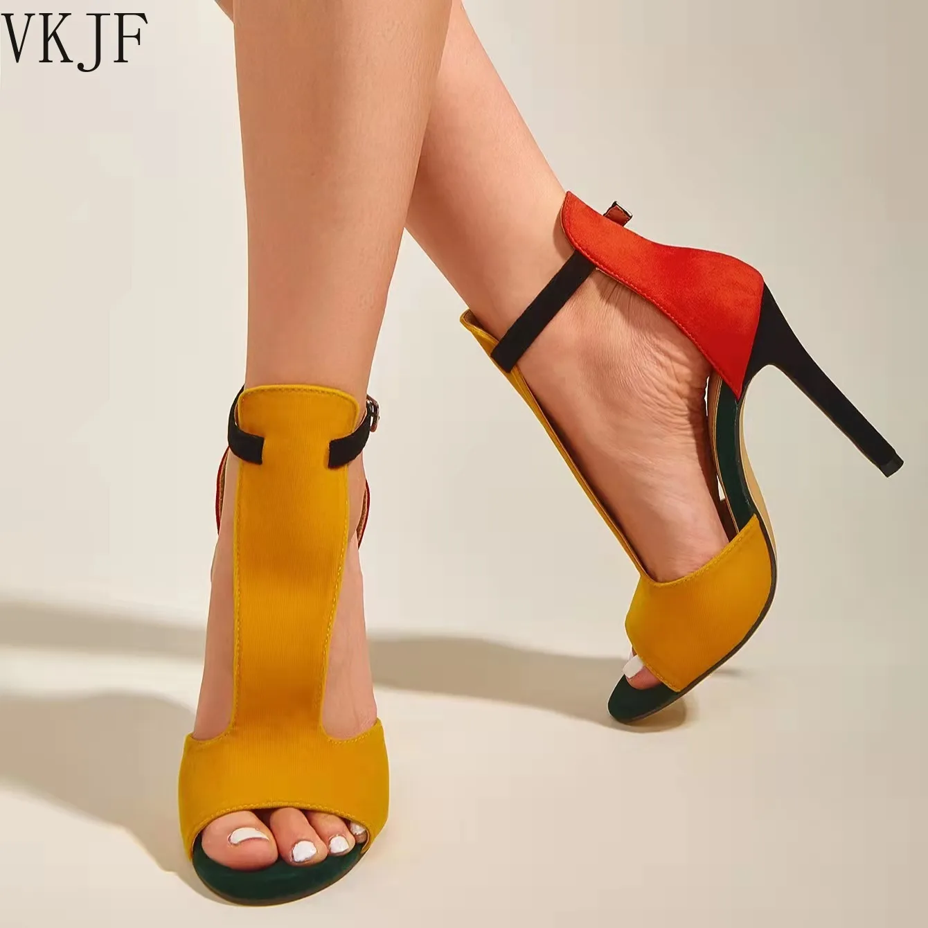 

2022 New Summer Mixed Colors Buckle Strap Women Shoe Flock Sewing Sandalias De Las Mujeres Fashion Thin Heels Size 35-43