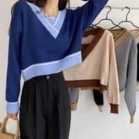 womens v neck loose ribbed sweater soft warm elasticity knitting pullover autumn winter women korean casual fake two jumper top