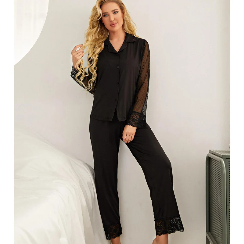 Women's Pajamas Net Yarn Lace Stitching Sleepwear Solid Color Long-sleeved Trouser Suit Comfortable Loose Home Clothes
