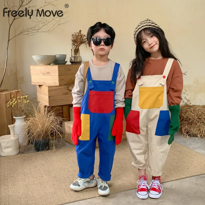 

Freely Move Cotton Baby Boys Overalls Autumn Kids Loose Pocket Pants Casual Girls Jumpsuits Children Clothes Suspender Trousers