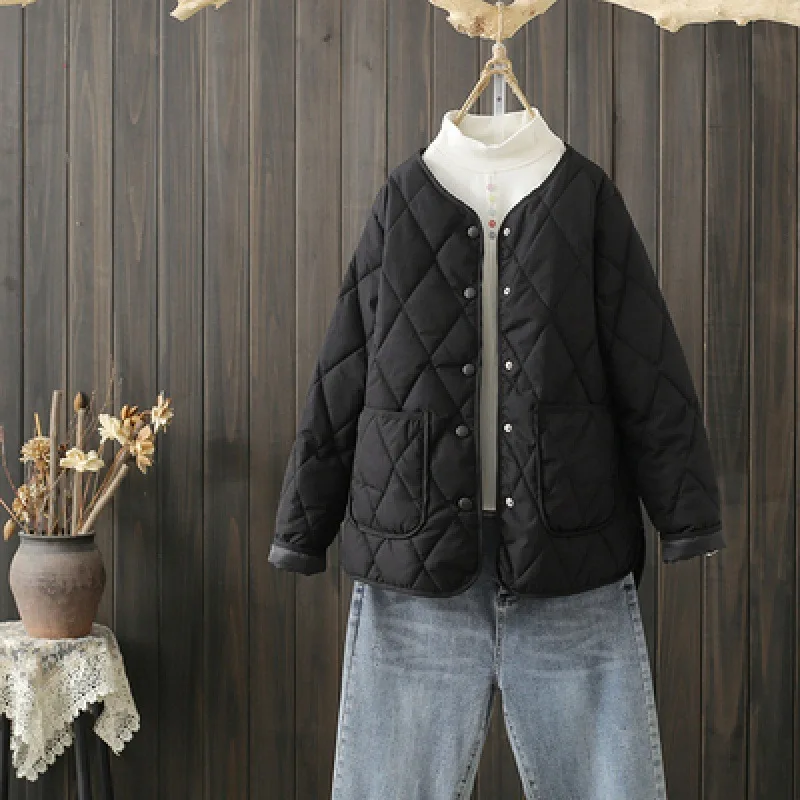 Autumn Winter 2022 Women's O Neck Basic Top Lingge Collarless Parka's Cotton Jacket Short Cotton Parka Women's Cotton Parka Coat