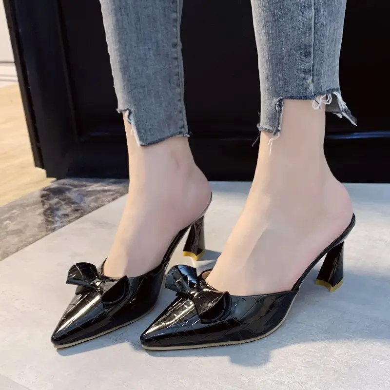 

Fashion Baotou Half Slippers Women 2022 Summer New Bow Knot Outer Wear Fashion Embossed Plaid Pointed Toe Women's Shoes