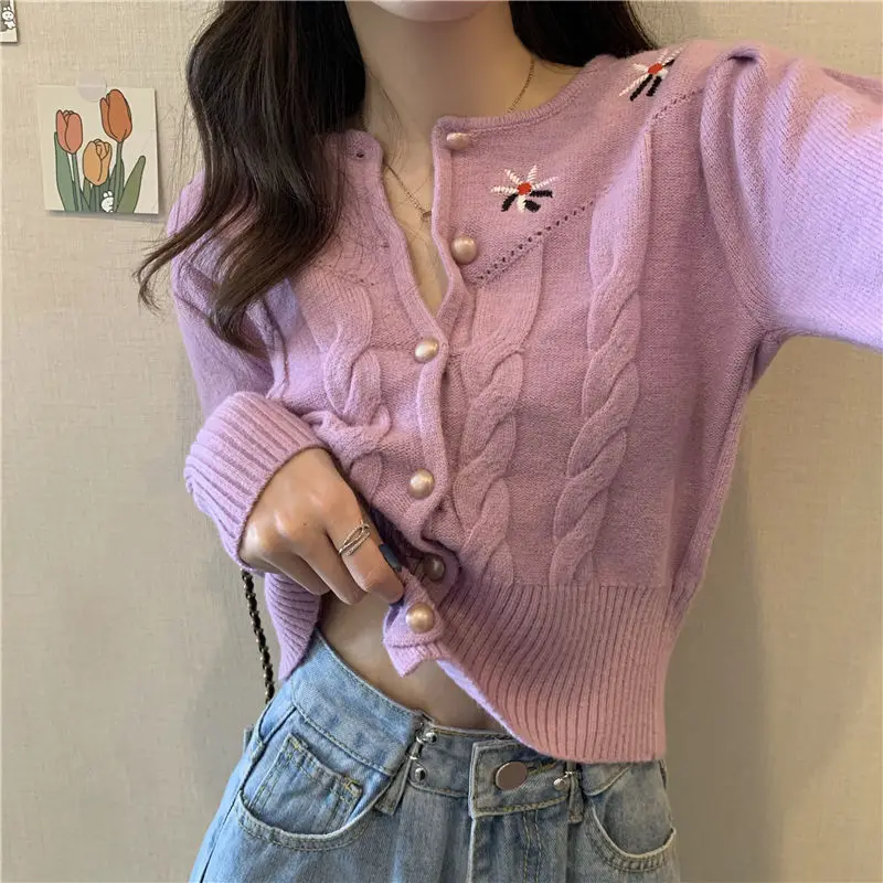 

Elegant Floral Flowers Decoration Christmas Cardigan Sweaters for Women Girls' Single Breasted Slim O-Neck Coat Clothing New