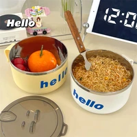 cute korean stainless steel ramen bowl with lid large instant noodles fruit salad rice soup bowl simple kitchen tableware1000ml