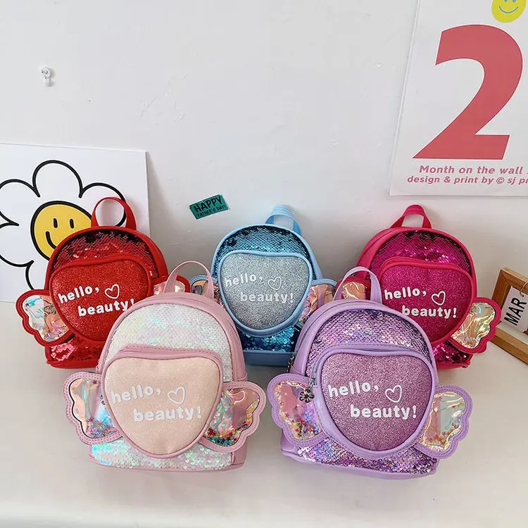 2022 New Angel PU Kindergarten Backpack with Wings Sequin Decoration Multicolor Student Schoolbag for 3-9y Baby Boys and Girls