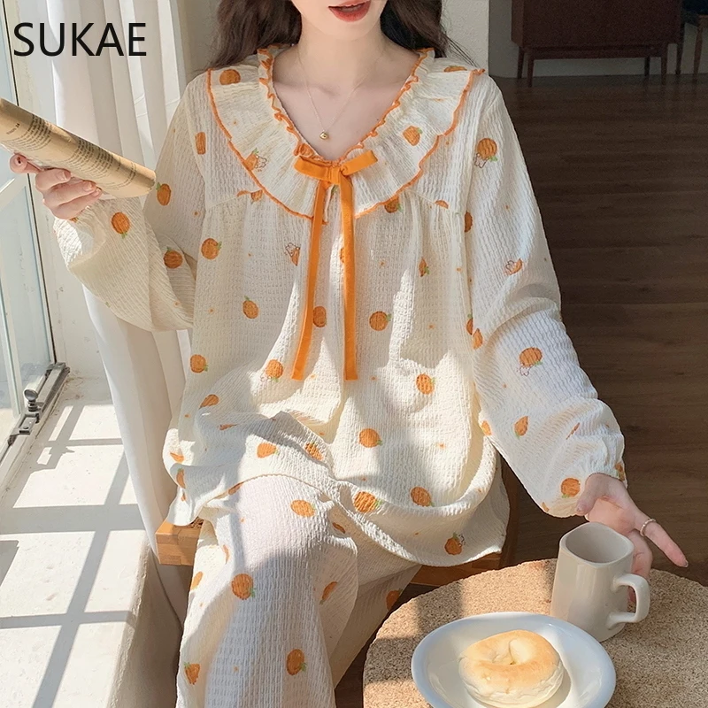 

SUKAE Crepe Cotton Sleepwear for Woman Princess Kawaii Bears Female Mujer Long Sleeves Pijamas Autumn Winter Women Pajamas Sets