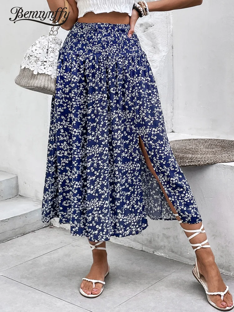 

Benuynffy Ditsy Floral Print Split Long Skirt Women Vacation Boho Casual Summer High Elastic Waist Swing A-Line Skirts 2023 New