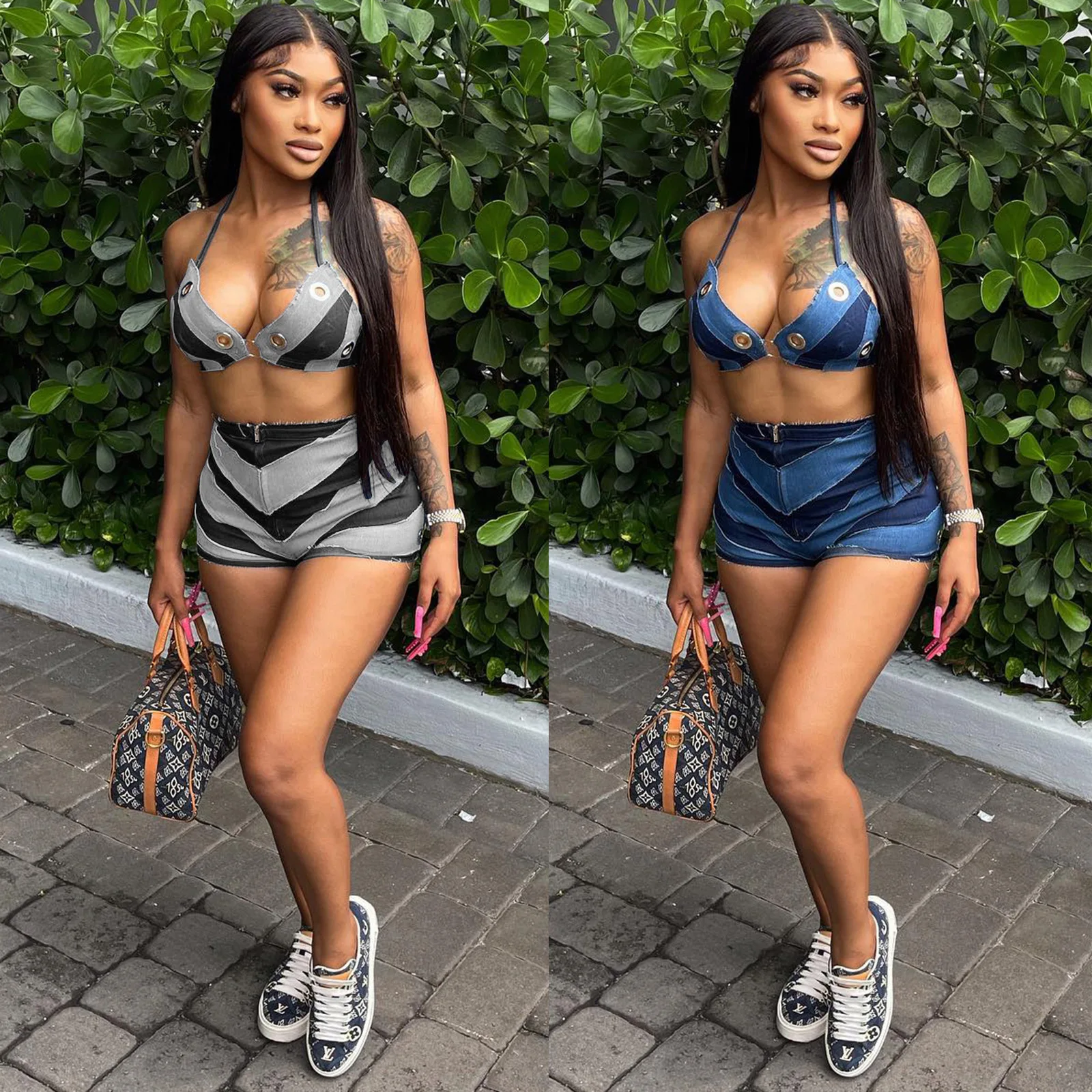 

Женский комплект одежды из 2 предметов, короткий топ и шорты с металлическим кольцом