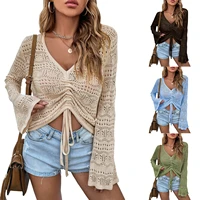 women knitted v neck hollow out tops solid color long flared sleeve knitwear with drawstring t shirts for spring summer