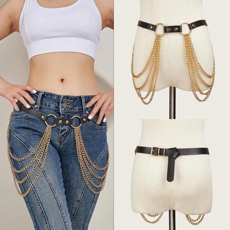 

Punk Waist Belly Belt for Women Alloy & PU Leather Waist Belt with Circle Decor DXAA
