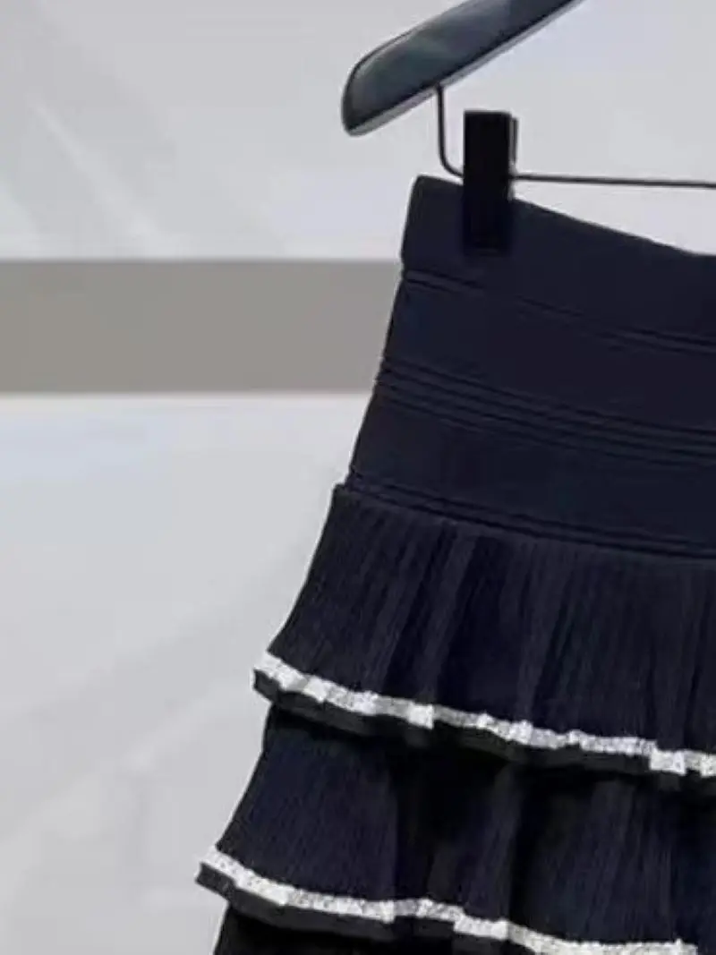 

Women Ruffles Stitching Stripes Color Contrast Elastic High Waist A-line Sweet Mini Skirt