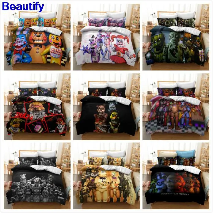 

Beautify FNAF Freddy Chica Foxy Horror Duvet Cover Pillowcase Bedding Set 2/3 Pcs Double Full Queen King Size Quilt Cover Home