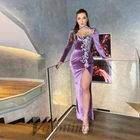 fancy purple velour long sleeves evening dress lace appliques high neck slit sexy mermaid wedding party prom robes de soir%c3%a9e