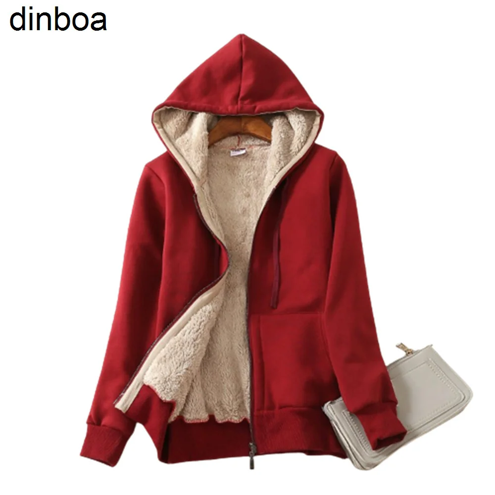 

Dinboa-autumn and Winter Women Velvet Thickened Hooded Sweater Jacket Solid Color Warm Hoodie Slim Fitting Simple Warm Sweater