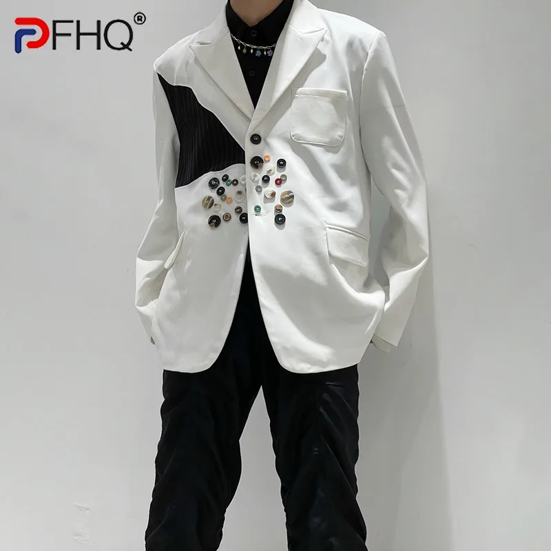 

PFHQ Stylish Color Contrast Patchwork Buttoned Decorate Niche Design Men's Suit Coat Elegant Social 2023 Trendy Jackets Casual