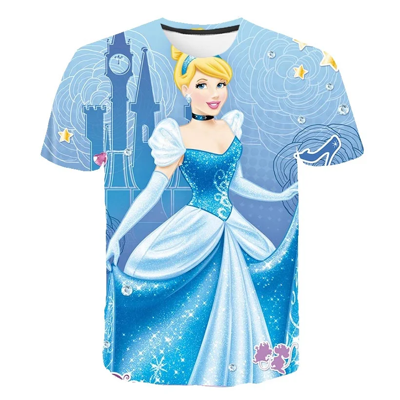 

Summer Fashion Children's Cinderella T-Shirts 2022 Girls Rapunzel Short Sleeve T Shirts Disney Series Princess Cosplay Tops Tees