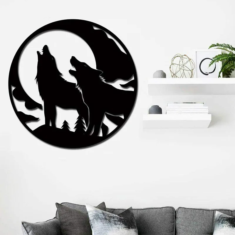 

Contemporary Animal Metal Wall Art Tree Wolf Howling to the Moon Wall Hanging Home Living Room Interior Decoration Metal Art